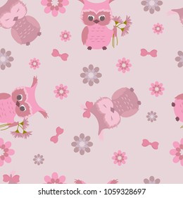 Seamless baby vector illustration with owls and flowers on a pink background. For decoration of textiles, packaging and children's wallpaper.