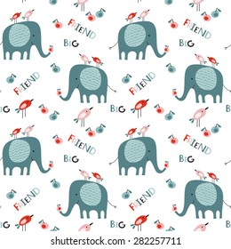 Seamless baby vector pattern. Many big elephants, little birds and apples on white background. Cartoon set.