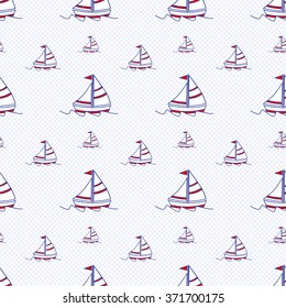 Seamless baby vector pattern. Many small colored sail boats on diagonal grid background