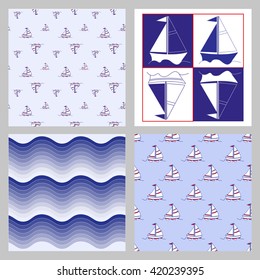 Seamless baby vector pattern set. Many small colored sail boats on white background
