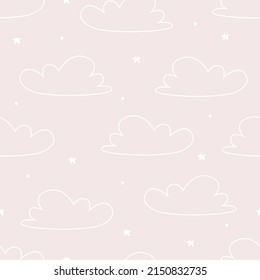 Seamless baby wallpaper. Pattern with clouds, snowflakes and stars. Hand drawn vector.