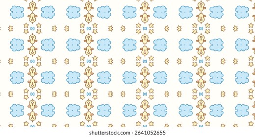 Seamless baby-themed pattern featuring blue clouds, teddy bears, stars, and light bulbs. Perfect for nursery designs, kids' products, or playful textiles.