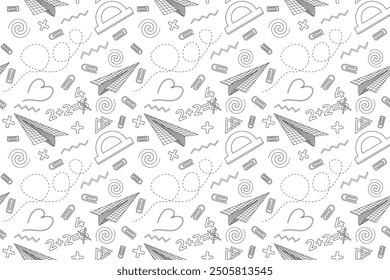 Nahtlose Schulmalseite mit Papierfliegern, Mathematiksymbolen und Schulbedarf auf weißem Hintergrund.