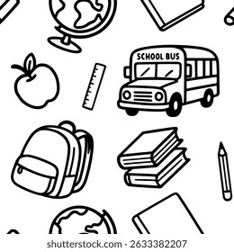 Seamless back to school doodle pattern with hand drawn school supplies vector background for education
