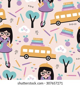 Seamless back to school kids illustration cute school bus books and pencils school girl background pattern in vector