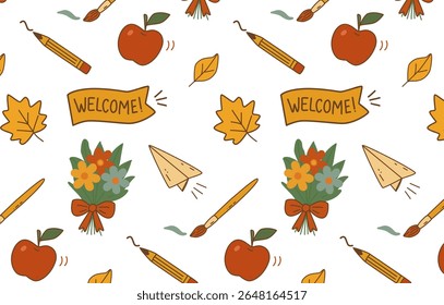 Seamless back to school pattern with apples, pencils, leaves, paper planes, bouquets, hand-drawn vector in warm colors on white. Perfect for kids fabric, wrapping, planners, stationery, digital use.
