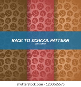 seamless back to school pattern with ball basketball icons in flat style design. silhouette and border sketch objects. set colorful background. cartoon texture template collection. Vector illustration