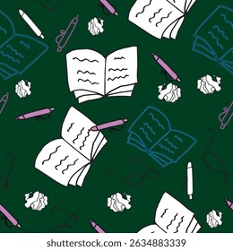 Seamless Back to School Pattern Books, Pens, Glasses on Green