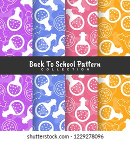 seamless back to school pattern with bottle chemistry icons in flat style. silhouette and border sketch supplies objects. set colorful background. cartoon texture template collection. Vector