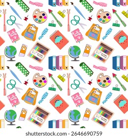  Seamless Back to School Pattern with colorful cartoon school supplies. Ideal for stationery, wrapping paper, textiles, or digital backgrounds for kids and teachers. Vector illustration.