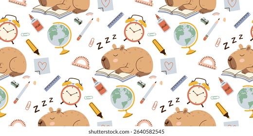 Seamless back to school pattern with cute sleeping capybaras, stationery and books in doodle style. Soft pastel and neutral colors. Perfect for childrens textiles, wrapping paper, and school supplies.