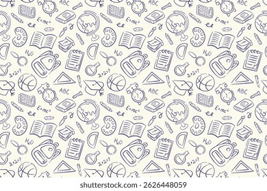 Seamless back to school pattern with doodle style book, globe, pencil, backpack and other education elements. DEsign for package, background.
