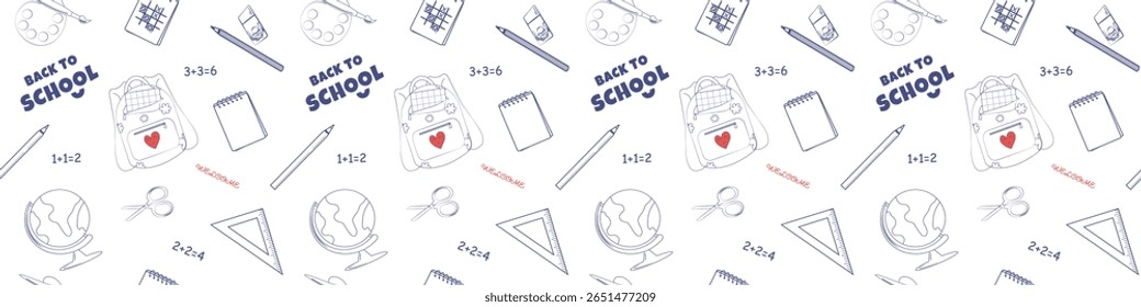 Seamless Back to School Pattern with doodle style school supplies, formulas, backpack, globe, and hand-drawn icons. Ideal for wrapping paper, textile, backgrounds, or educational materials. Vector .