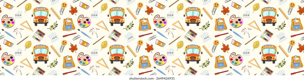 Seamless Back To School pattern with educational elements books, backpacks, stationery, globe, formulas on a grid, math background. Perfect for kids products, wrapping paper, school supplies.Vector.