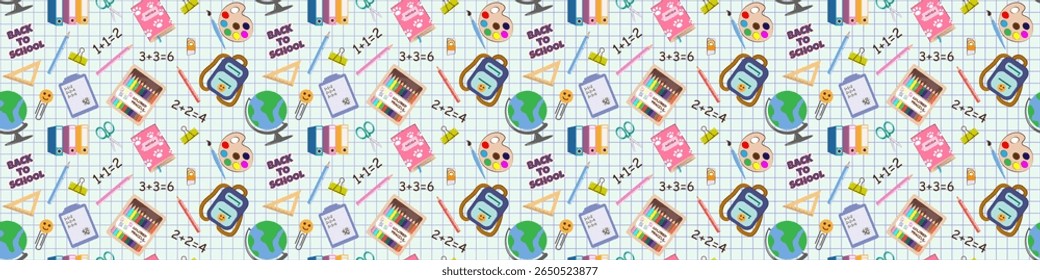 Seamless Back To School pattern with educational elements books, backpacks, stationery, globe, formulas on a grid, math background. Perfect for kids products, wrapping paper, school supplies.Vector.