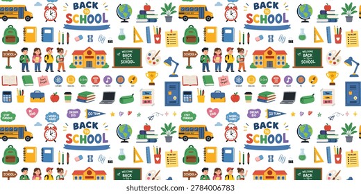seamless back to school pattern school elements isolated white background illustration