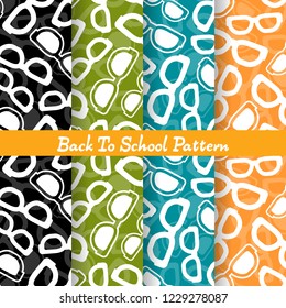 seamless back to school pattern with eye glasses icons in flat style. silhouette and border sketch supplies objects. set colorful background. cartoon texture template collection. Vector illustration