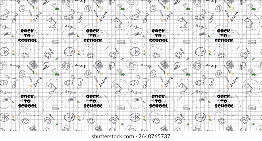 Seamless back to school pattern with hand-drawn doodle school supplies, stationery, and back to school text on graph paper background. Part of a Hand-drawn Back to School Series