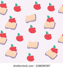 Seamless back to school pattern with an open book and an apple. Vector illustration