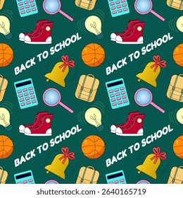 Seamless back to school pattern with red sneakers, backpacks, calculators, basketballs, bells, magnifying glasses, light bulbs on green background. For supplies, stationery design, textile, wrapping.
