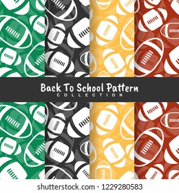 seamless back to school pattern with rugby ball icons in flat style. silhouette and border sketch supplies objects. set colorful background. cartoon texture template collection. Vector illustration