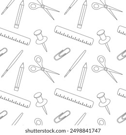 Seamless back to school pattern, school supplies, office items. The background is suitable for printing on fabric and paper for the first of September.