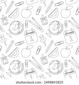 Seamless back to school pattern, school supplies, office items. The background is suitable for printing on fabric and paper for the first of September.