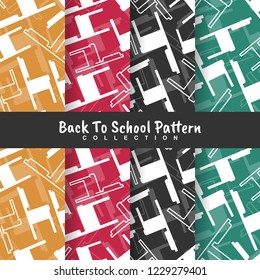 seamless back to school pattern with wooden chairs icons in flat style. silhouette and border sketch supplies objects. set colorful background. cartoon texture template collection. Vector illustration