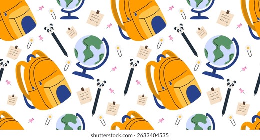
Seamless back to school pattern with yellow backpacks, globes, panda pens, paper notes, clips, flowers, and push pins. Cute flat vector background for school supplies, stationery design.