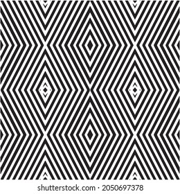 Rombos geométricos monocromáticos, rayas y, a continuación, zig-zag, textura de líneas onduladas, ilustración vectorial.