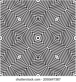 Rombos geométricos monocromáticos, rayas y, a continuación, zig-zag, textura de líneas onduladas, ilustración vectorial.