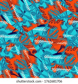 Seamless backdrop with abstract patterns, chaotic hand draw shapes, lines and grunge spots.