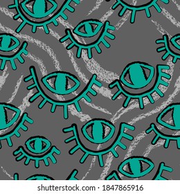 Seamless backdrop with abstract repeat hand drawn eyes and grunge wave lines  