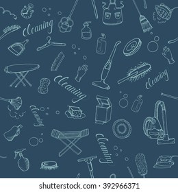 Seamless backdrop of cleaning services, maintenance. Vector set of pictogram, linear pictures. It can be used for packing, print, background