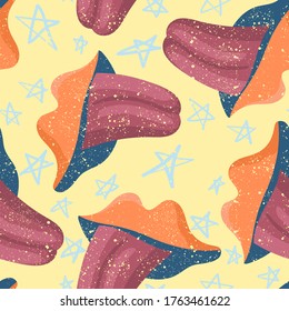 Seamless backdrop. Colorful hand draw lips with tongues, stars.