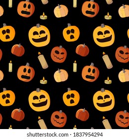 Un telón de fondo sin fisuras para la fiesta de las calabazas y las velas en un fondo negro. Caras de calabaza de Halloween