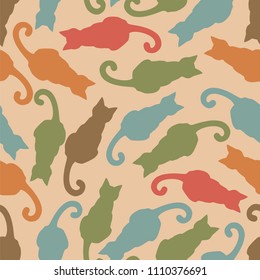 Seamless backdrop. Hand pattern. Retro silhouettes of cats. Background with cute colorful pets 