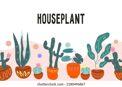 Seamless backdrop with houseplants for trendy hygge lifestyle and urban jungle concept, flat hand drawn vector illustration isolated on white background. Endless background with home plants in pots.