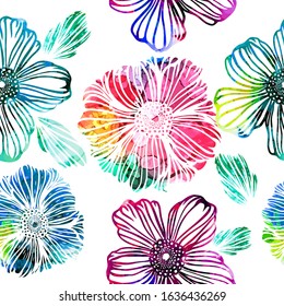 A seamless backdrop of multicolored flowers. Mixed media. Vector illustration