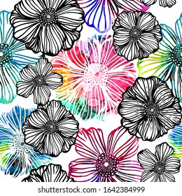 A seamless backdrop of multicolored flowers. Mixed media. Vector illustration