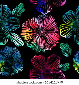 Un telón de fondo sin fisuras de flores multicolores. Medios mixtos. Ilustración del vector