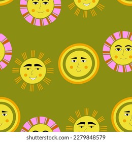 Seamless backdrop, optimistic suns. Endless background, retro sun. Continuous pattern with creative shapes

