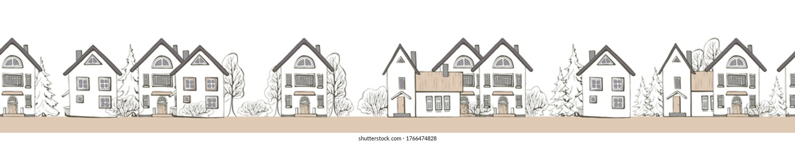 Seamless backdrop with sepia pastel scandinavia houses  and house group in beautiful style on white background with graphic trees. Hand drawn light brown graphic cityscape border horizontal.