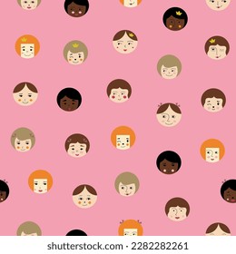 Seamless backdrop, young girlish faces. Repeatable pattern, female countenance. Vector illustration in simple flat style
