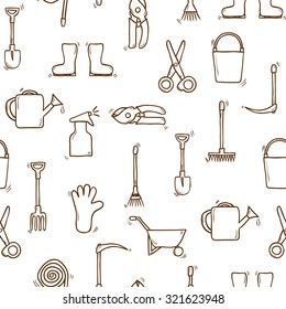 Seamless backgound with cartoon hand drawn garden tools objects. Outdoor concept: watering can, gloves, cutter, pitchfork, shovel, boots, rake, secateurs, pushcart, bucket for your design