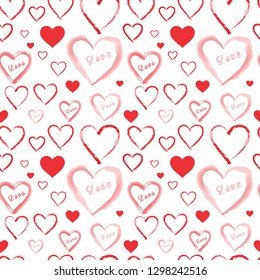 Seamless backgrond with different red hearts (hand drawn, watercolor) for Valentine's day, wedding, etc.