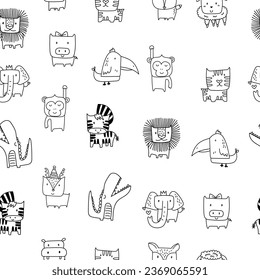 Seamless backgroud of and drawn animal collection. Vector illustration in doodle art style on white background