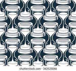 Seamless background with 3d classic sand-glasses, vector antique hourglasses. Time without end concept, for use in design and as wallpaper.