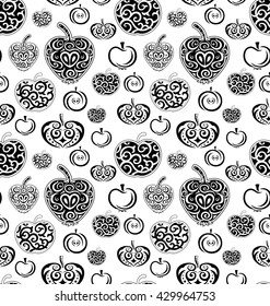 Seamless background with abstract apples.  To promote a healthy lifestyle, prints on fabric, shirts, packaging, wallpaper. Black and white