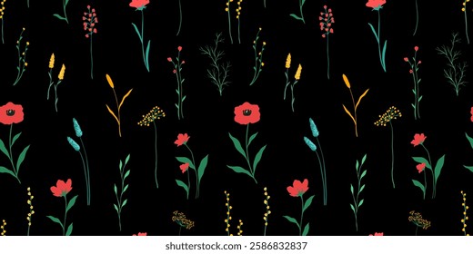 Seamless background abstract art with summer meadow plants, wild flowers, leaves branch and Hand Drawn doodle Scribble floral plants. Design for wall decoration, postcard, poster or brochure
